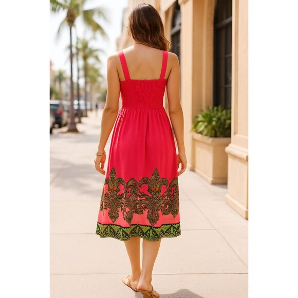 Ace Fashion Boho Paisley Bright Pink Print Sundress Sleeveless Smocked Size XXL - Picture 4 of 13